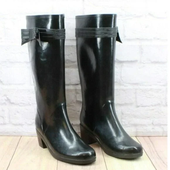 Kate Spade Black Glossy Rubber Pull On Knee High Rain Boots Size 9 - Picture 3 of 10